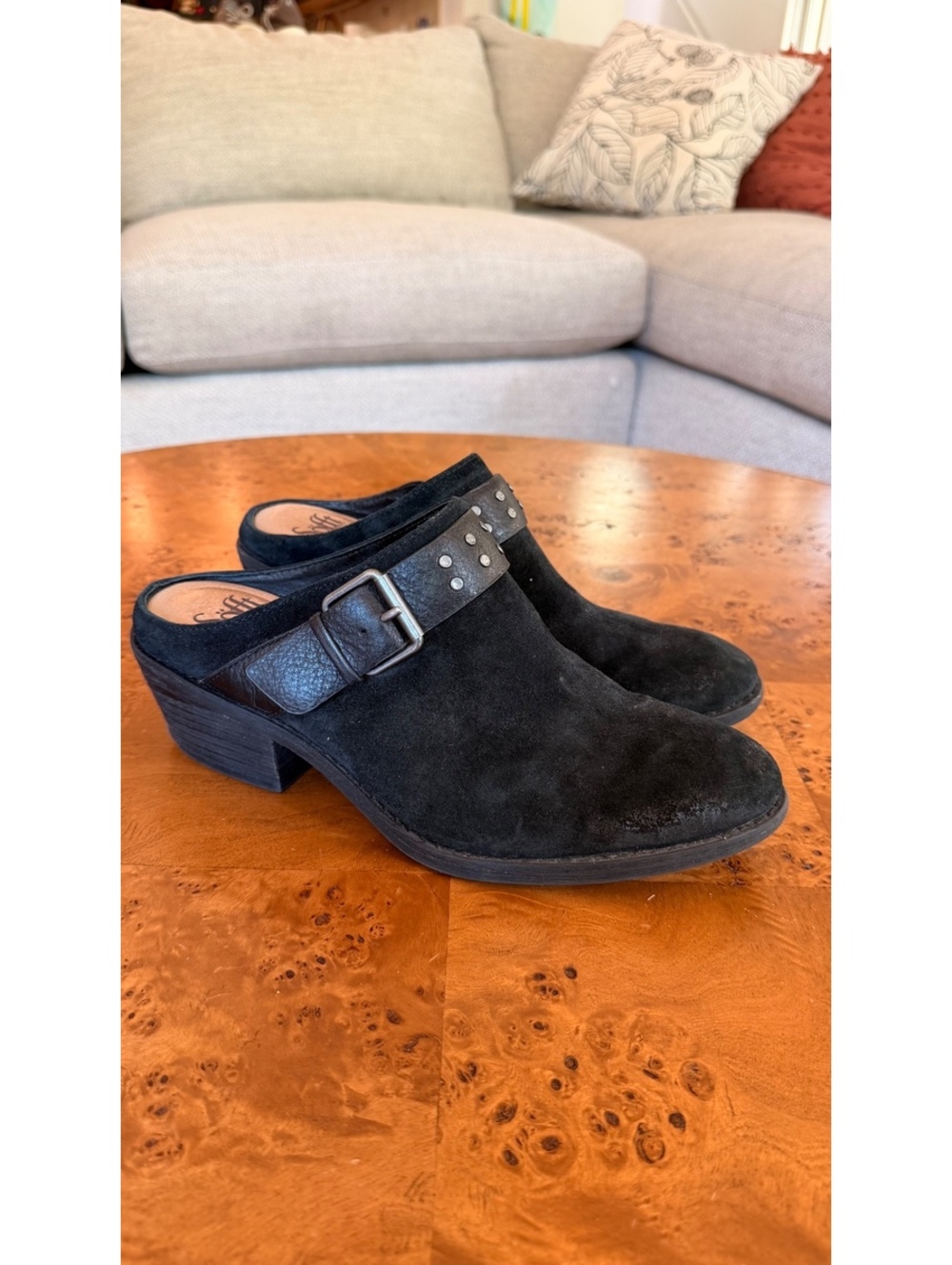 Söfft Black Suede Mule Heels with Buckle Detail
